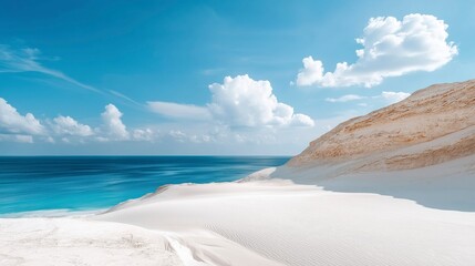 Serene coastal landscape reveals pristine sand dunes and vibrant blue ocean under a bright sky filled with picturesque clouds Generative AI