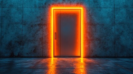 Glowing orange door in a concrete room