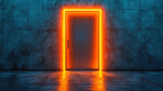 Glowing orange door in a concrete room