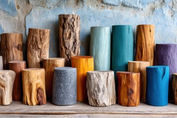 Collection of handcrafted wooden sculptures in various colors and natural finishes displayed against a rustic wall