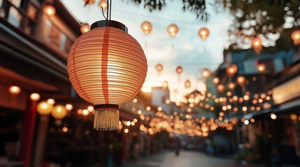 Lanterns glow softly in the evening market, illuminating the path with warmth and inviting ambiance Generative AI
