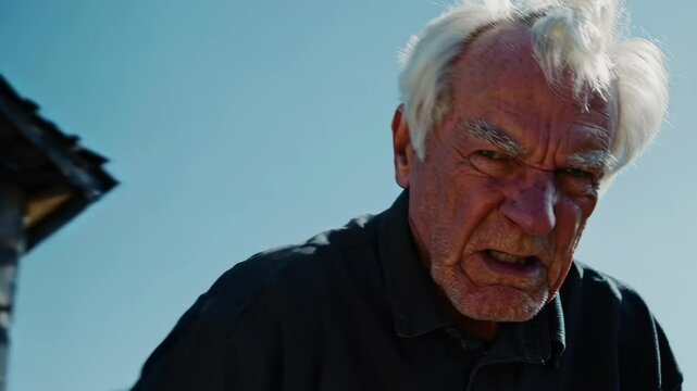 Elderly man showing banknotes angrily