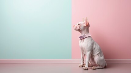 Playful white dog sitting gracefully against pastel blue and pink walls in a chic interior space filled with light Generative AI
