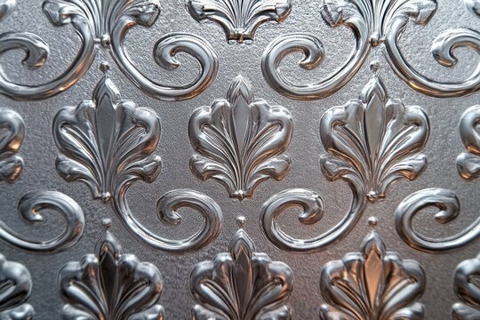 Close-up of intricate silver embossed floral and scroll pattern on a textured metallic surface, reflecting light with elegant and ornate details - Powered by Adobe
