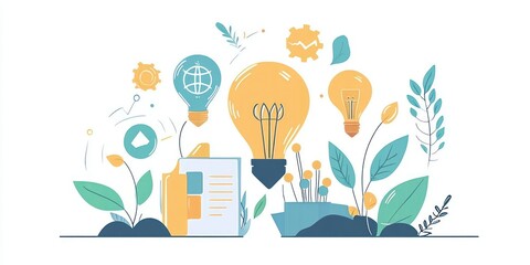 Obraz premium A vector concept of innovative solutions for a business, with icons representing technology, growth, and strategy.