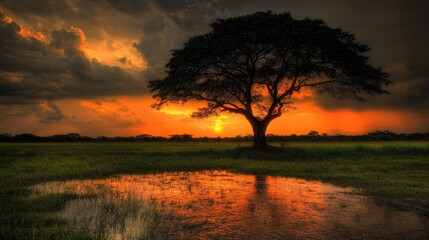Sunset over a field with a lone tree