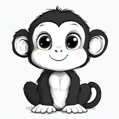 Cute cartoon baby monkey sitting with big eyes and smiling expression on white background