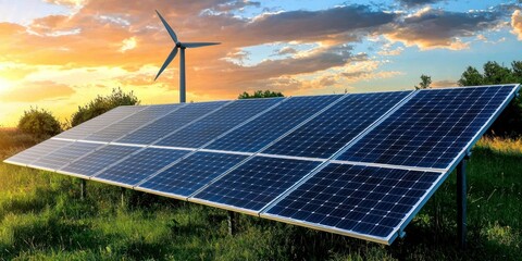 A windmill turbine and solar panel park in the countryside with vibrant sunset in the background