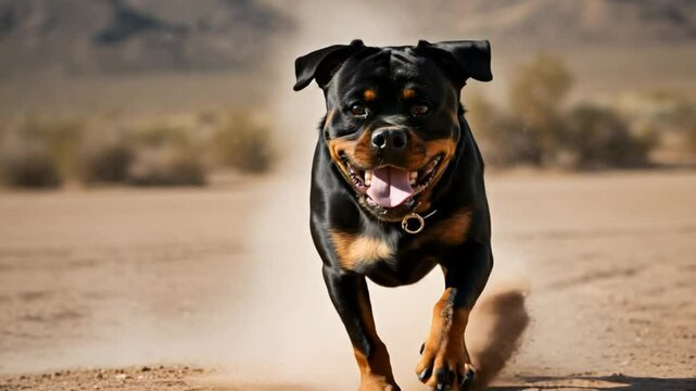 Angry Rottweiler Dog Running Fast on Dirt Path Outdoors Towards Camera Happy