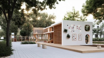 Modern playground design blends creativity and nature in an urban setting during a tranquil afternoon Generative AI