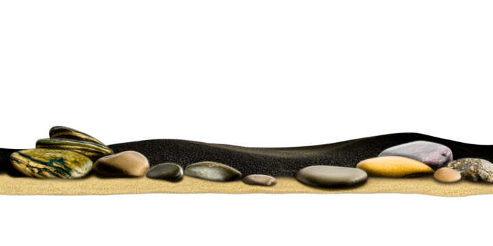 Pebbles on Sand with Black Gravel Background, Cut Out Transparent