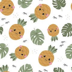 Vector seamless pattern with cute pineapples.