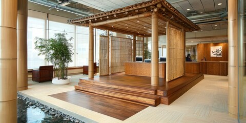 Asian-inspired office with bamboo accents, open desks, and a glass meeting pavilion