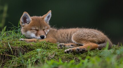 Fototapeta premium A Peaceful Slumber: A Red Fox Kit Napping in a Lush Green Meadow