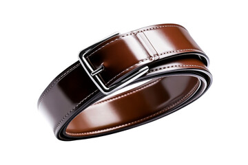Stylish brown leather belt with silver buckle, cut out transparent