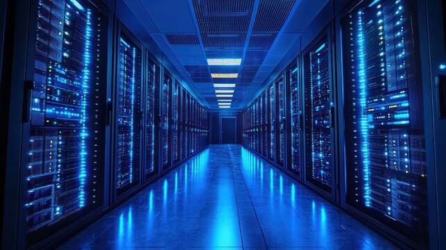 Server room illuminated by blue light