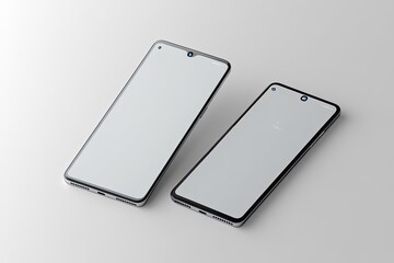 Two modern smartphones, side-by-side, display blank screens