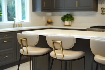 Modern kitchen island with light beige bar stools.