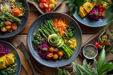 Top-down view of a vibrant plant-based meal, colorful vegetables, grains, legumes on ceramic plates, clean and bright tabletop, healthy food concept