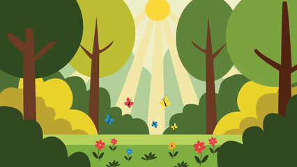 Vector illustration of a sunny meadow with flowers and butterflies in a bright and light style