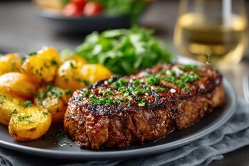 Juicy grilled steak served with roasted potatoes and fresh greens in a cozy dining setting