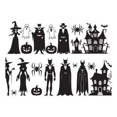 silhouette set of Halloweens, black color only, on white background