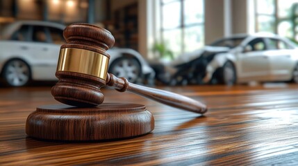 Wooden judge gavel in focus on a polished table with blurred background showing two white cars, one severely damaged, symbolizing legal judgment in car accident cases