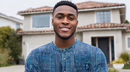 A stylish young man smiling confidently outside a modern home wearing a patterned shirt representing urban fashion culture showcasing relaxed vibes and creative expression
