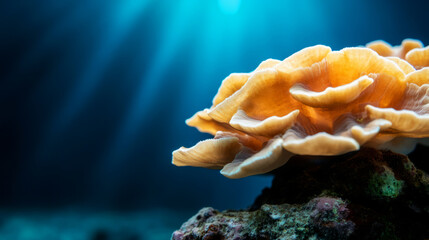 Vibrant Coral Reef Structure Glowing with Sunlight Underwater in Blue Ocean Environment