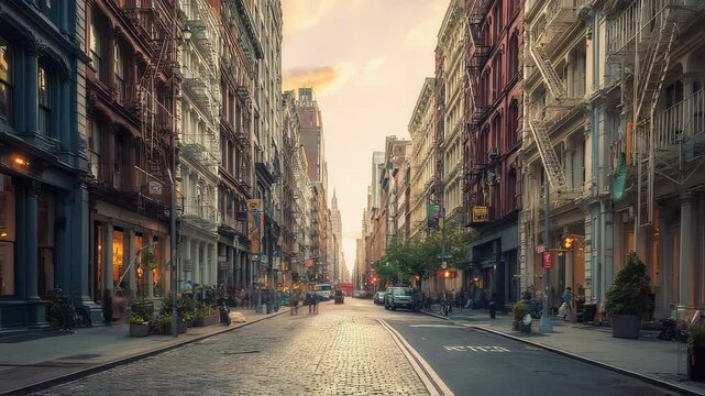 Charming soho street in manhattan, new york city at golden hour with historic cast-iron buildings, warm sunset light, and cobblestone pavement