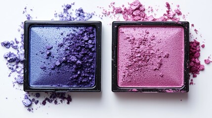 Purple, pink eyeshadow palettes, crushed powder, white background, makeup tutorial