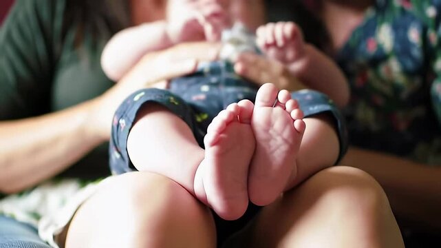 Step father tickling baby's feet during a playful moment, capturing love, affection, and family bonding indoors