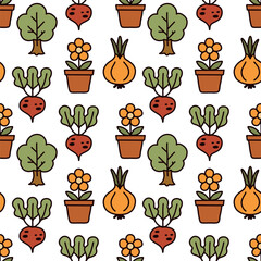 Seamless pattern of onions and flowers, a set of vegetables, a drawing, a hand-drawn illustration.