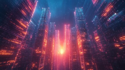 Fototapeta premium A glowing business skyscraper in the metaverse, representing a digital empire