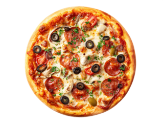 Overhead Shot of Delicious Pizza with Pepperoni, Mushrooms and Olives, PNG
