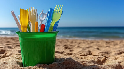Summer vacation scene features a green bucket of colorful beach toys on sandy beaches by the sea, including a plastic spoon and fork as children's play tools under a blue sky.