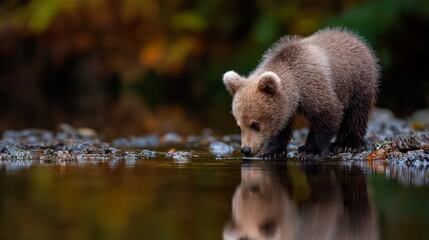 Obraz premium Adorable Brown Bear Cub at Water's Edge: A curious brown bear cub gazes at its reflection in a tranquil stream.