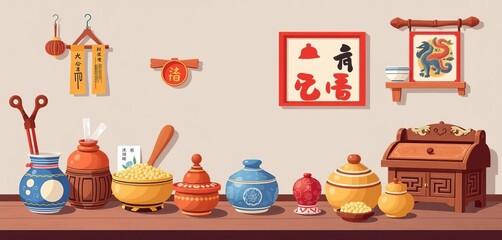 Simple vector illustration of antique Korean furniture, daily necessities, and lucky charms,  items,  art