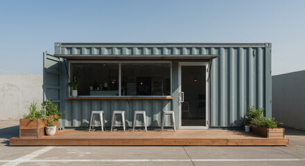 Modern shipping container cafe with outdoor seating and plants in a sunny environment
