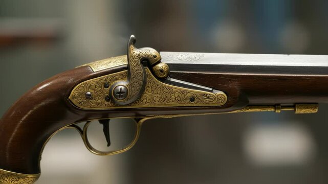 Detailed close-up of a vintage ornate flintlock pistol, featuring its intricate design