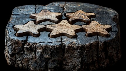 Wooden Stars Embedded in Rustic Log Surface: A Tactile Still Life