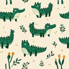 cute green cartoon crocodiles scattered with simple leaves and small plants on beige background creating a playful and cheerful pattern