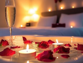 romantic dinner setting with rose and candles