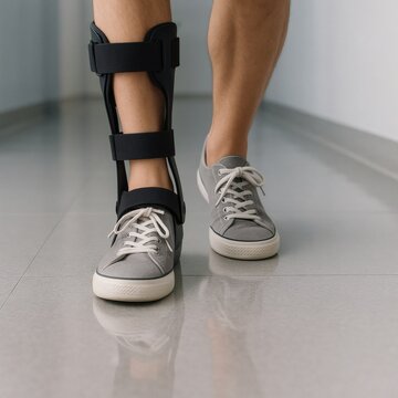 Ankle-Foot Orthosis (AFO) on Adult Leg with Sneakers in Hospital Corridor - Medical Mobility Support Concept