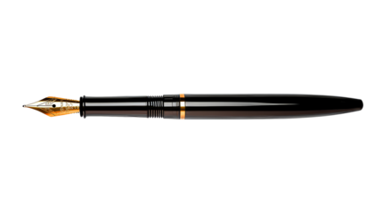 Luxurious black fountain pen with golden nib, cut out transparent