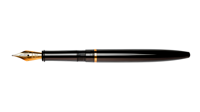 Luxurious black fountain pen with golden nib, cut out transparent