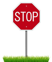 red octagonal stop sign with white lettering on a gray metal pole, surrounded by green gras