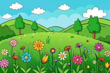 Fototapeta premium Vibrant wildflower meadow in lush greenery vector illustration