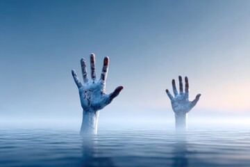 Eerie hands emerging from still water at dusk create a haunting atmosphere