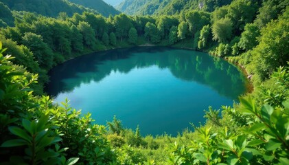 Circular lake surrounded by lush green vegetation, pattern, plants